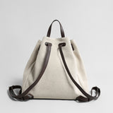 Canvas & Leather Drawstring Bucket Backpack - Ivory