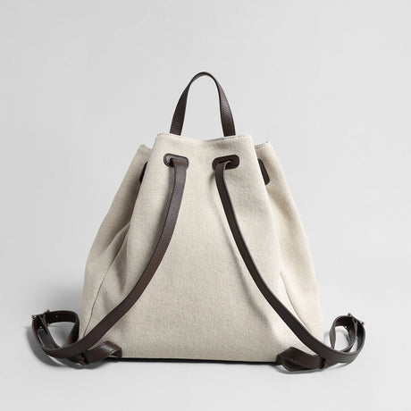 Canvas & Leather Drawstring Bucket Backpack - Ivory