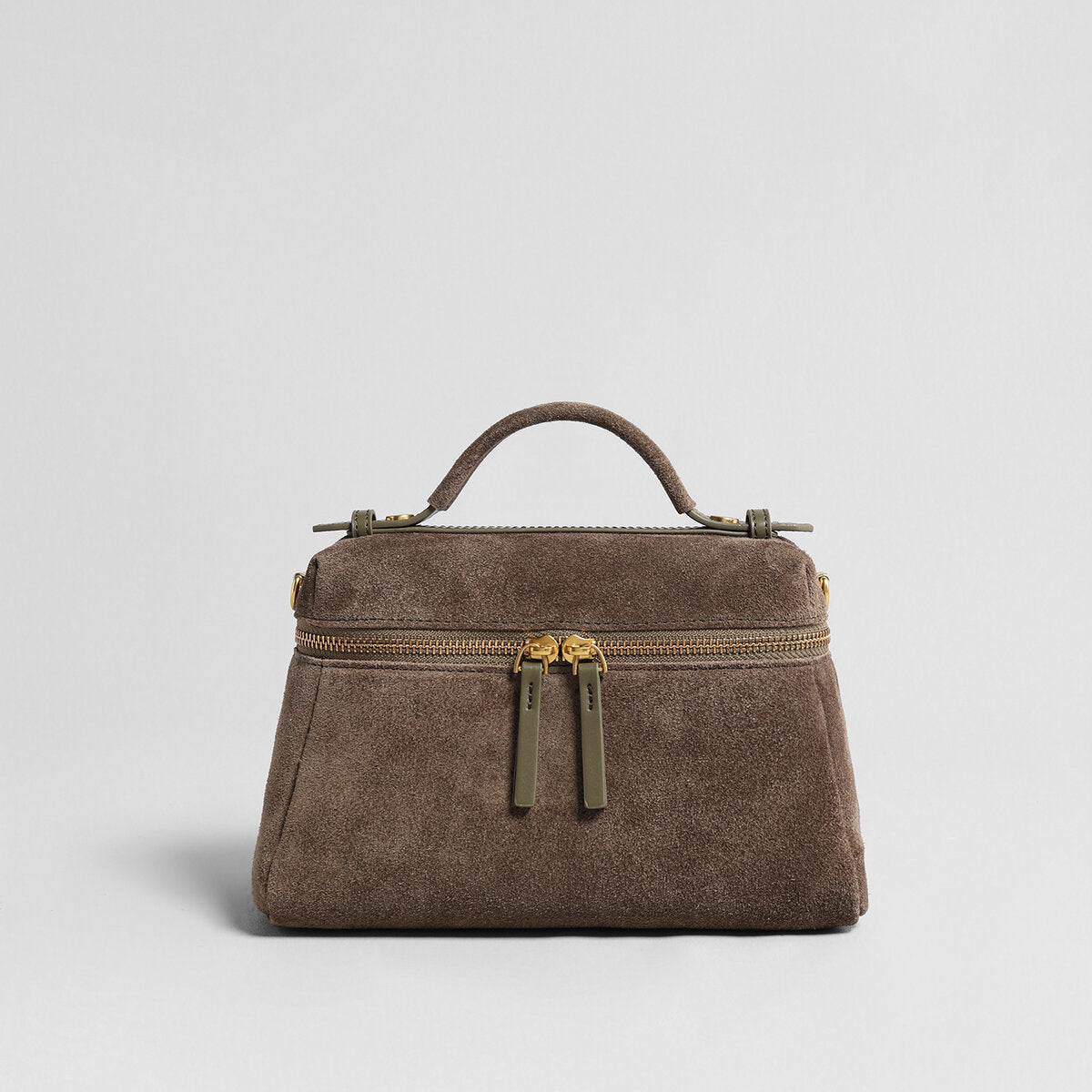 Suede Leather Structured Shoulder Bag - Coffee