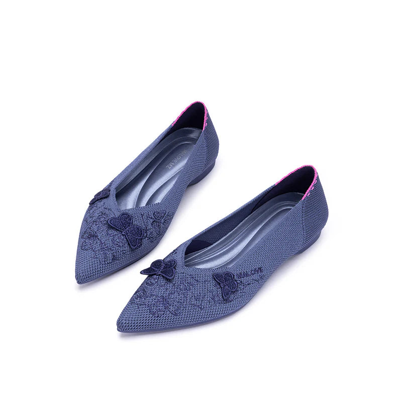 Butterfly Floral Knit Pointed Toe Ballet Flats - Indigo