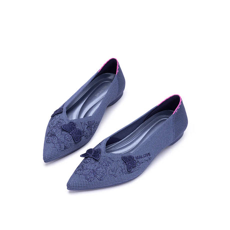 Butterfly Floral Knit Pointed Toe Ballet Flats - Indigo