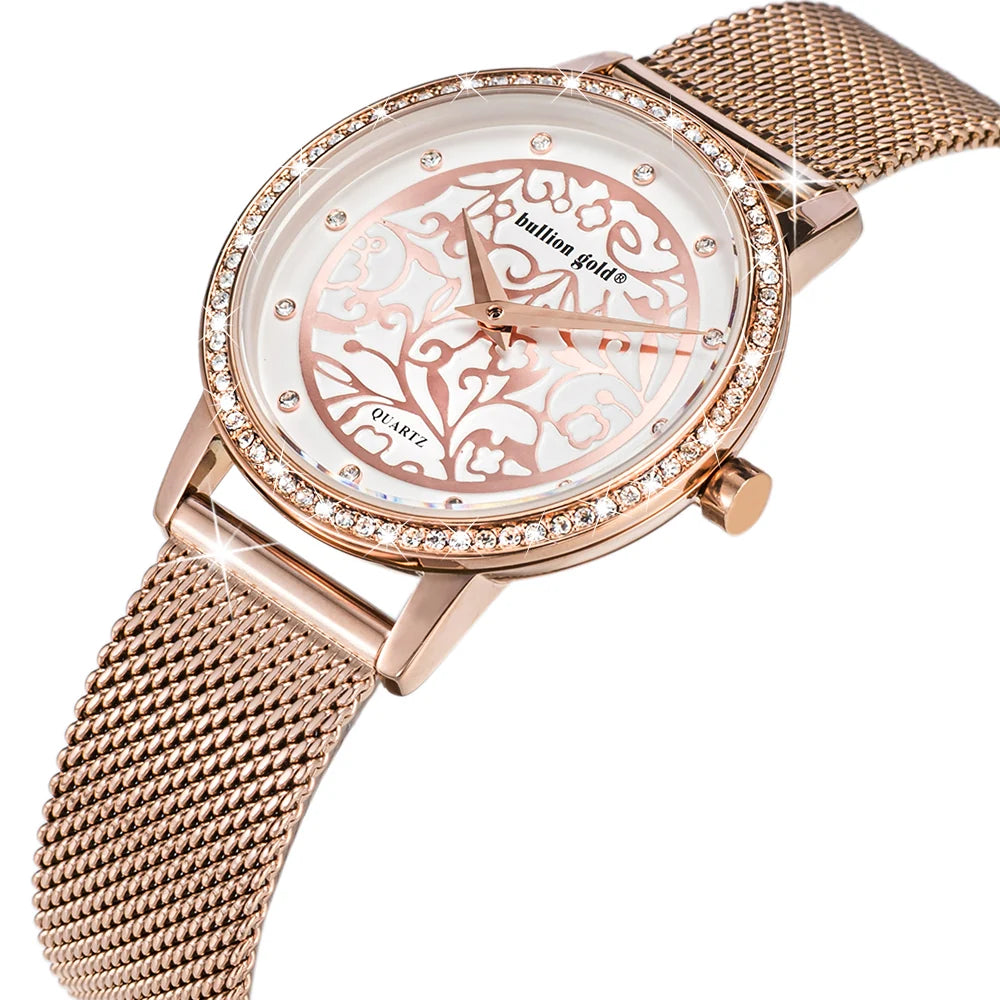 Boxed Bullion Gold Elite watch and Bracelet Set Embellished with Crystals in Rose Gold