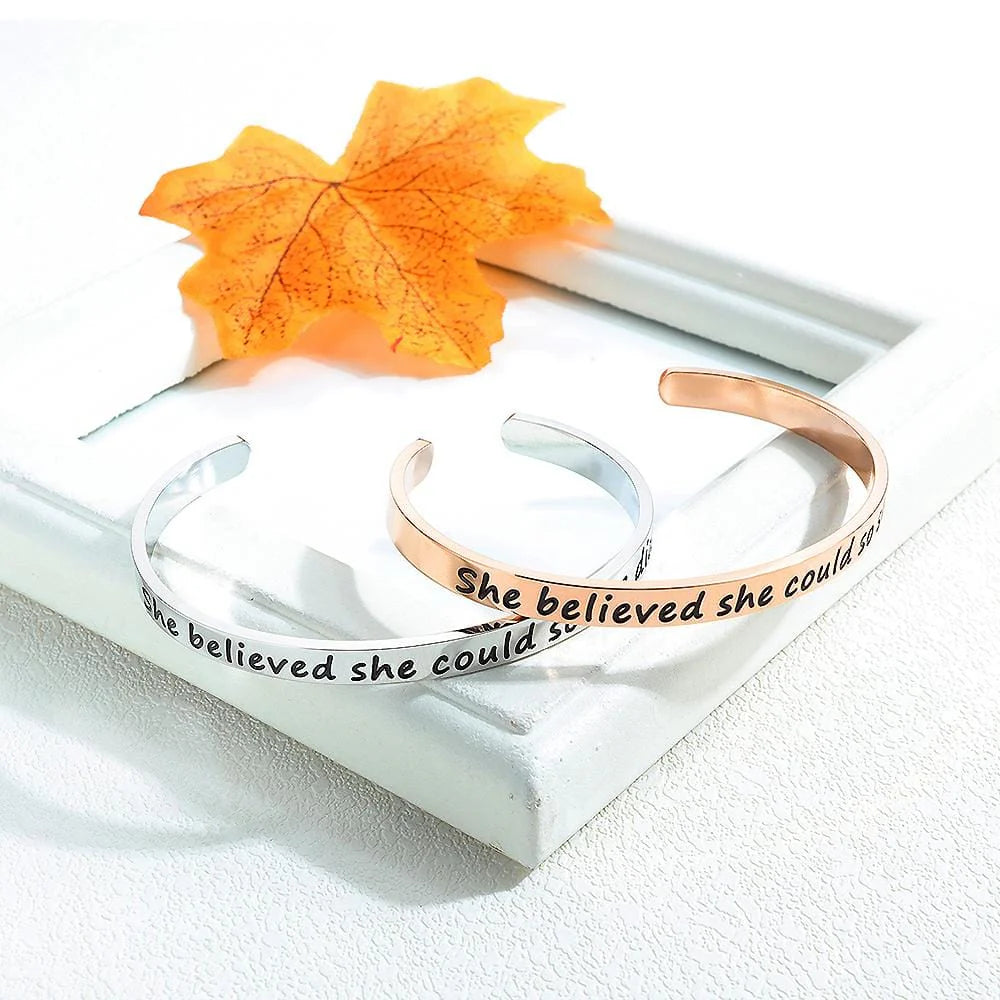 Bullion Gold Inspirational Inscription Cuff Bangle in Rose Gold Layered Steel Jewellery
