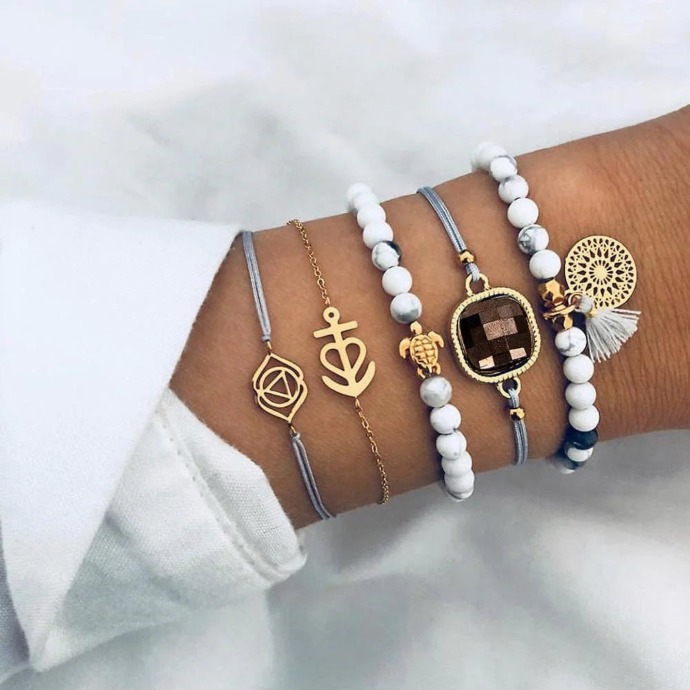 Bohemian 5-Piece Charm Bead Bracelet Set