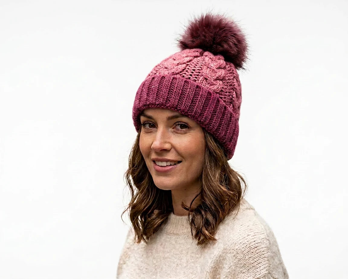Cherry Red Cable Knit Beanie W/ Pom Pom - Burgundy