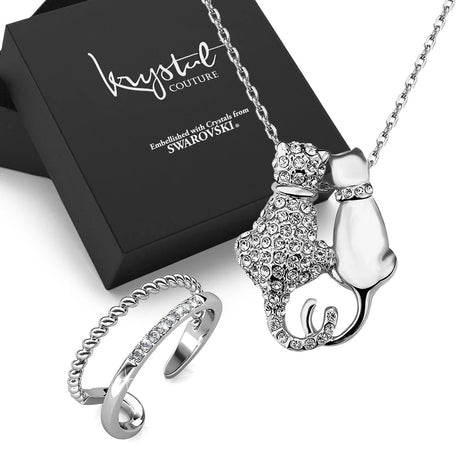 Boxed Feline On! Necklace and Ring Set Embellished with SWAROVSKI® Crystals In White Gold