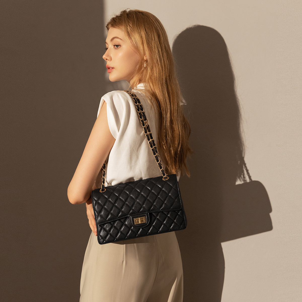 Classic Black Quilted Caviar Leather Flap Shoulder Bag - Black