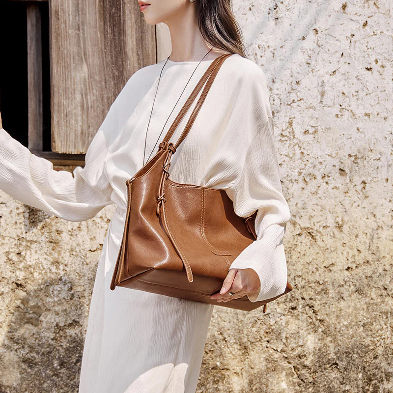 Nalandu Vintage Leather Large Capacity Commuter Tote Bag - Brown