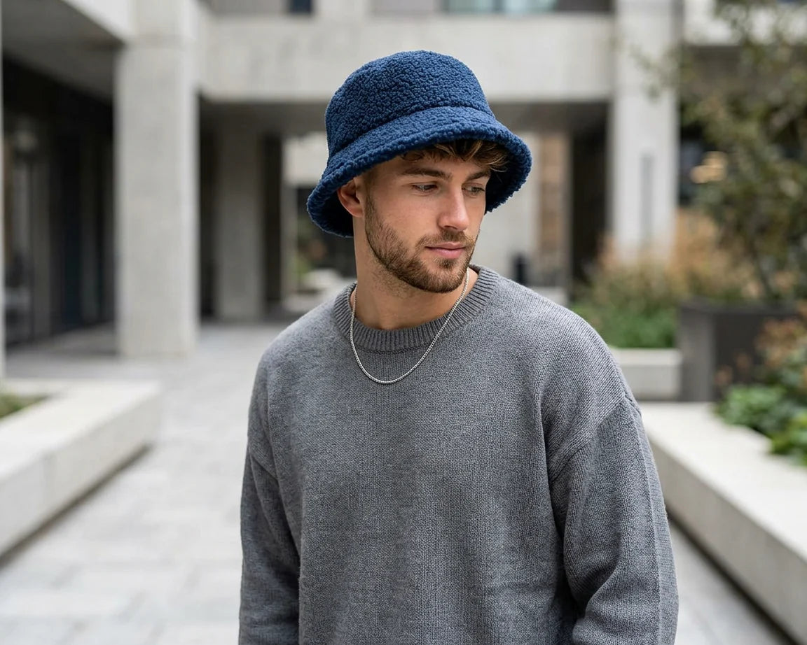 Cherry Red Sherpa Fleece Bucket Hat - Navy