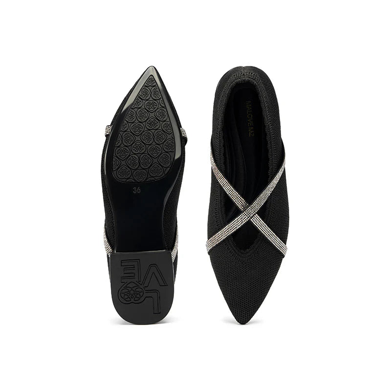 Rhinestone Cross Strap Pointed Toe Knit Flats - Black