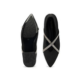 Rhinestone Cross Strap Pointed Toe Knit Flats - Black