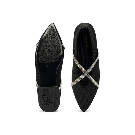 Rhinestone Cross Strap Pointed Toe Knit Flats - Black