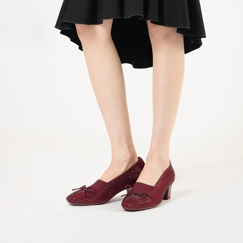 Rhinestone Bow Knit Round Toe Block Heel Pumps - Wine