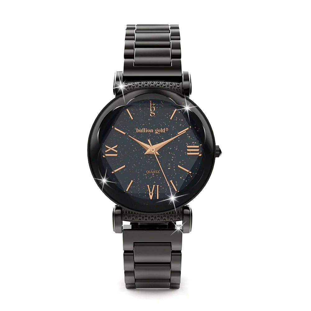 Bullion Gold Bullion Gold Romish Watch Embellished with Glittering Crystals - Black and Rose Gold