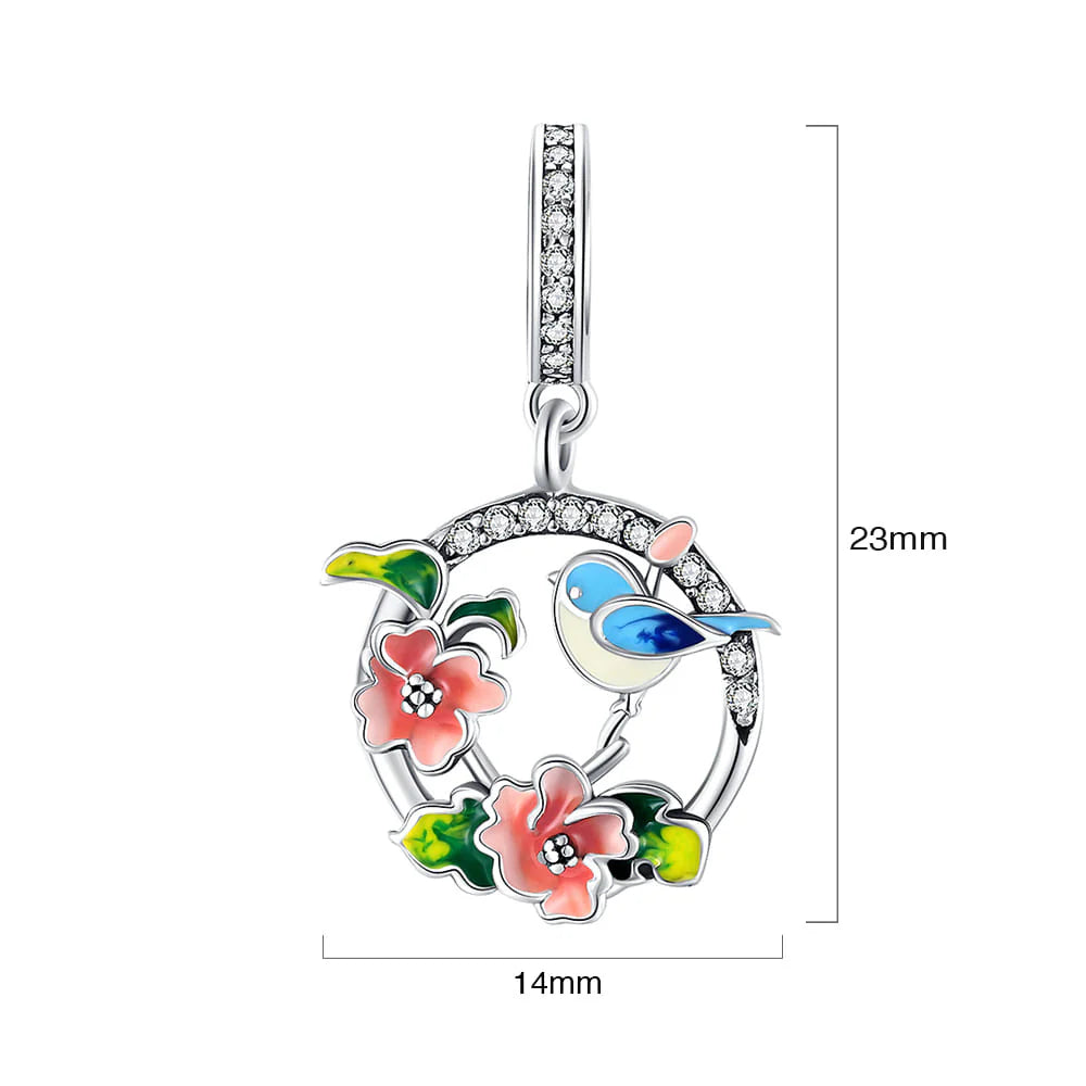 Solid 925 Sterling Silver Blue Lovebird Floral Pandora Inspired Charm