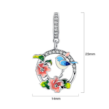 Solid 925 Sterling Silver Blue Lovebird Floral Pandora Inspired Charm