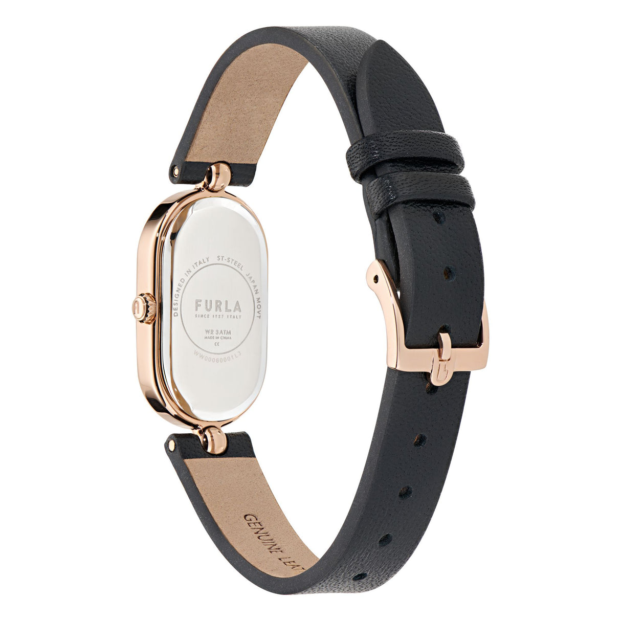 Furla Ooh Rose 32mm Oval Rose Gold-Tone Case with Black Leather Strap