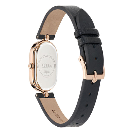 Furla Ooh Rose 32mm Oval Rose Gold-Tone Case with Black Leather Strap