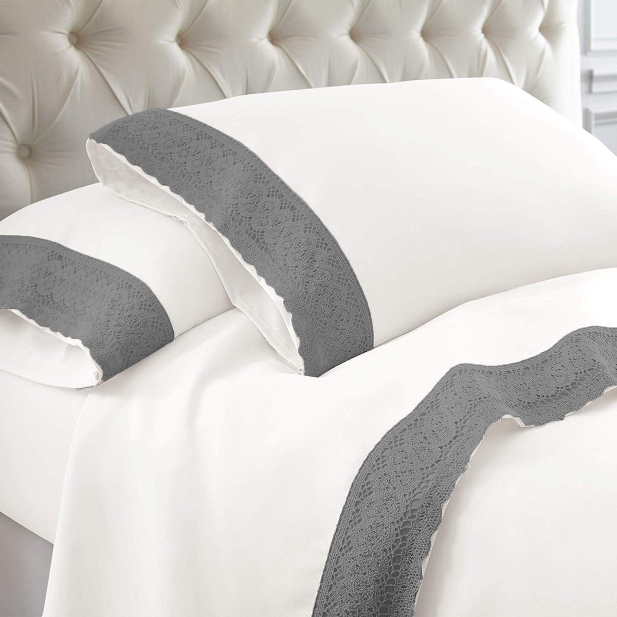 Ramesses Crochet-Lace Microfibre Sheet Set - Charcoal Lace White Fabric