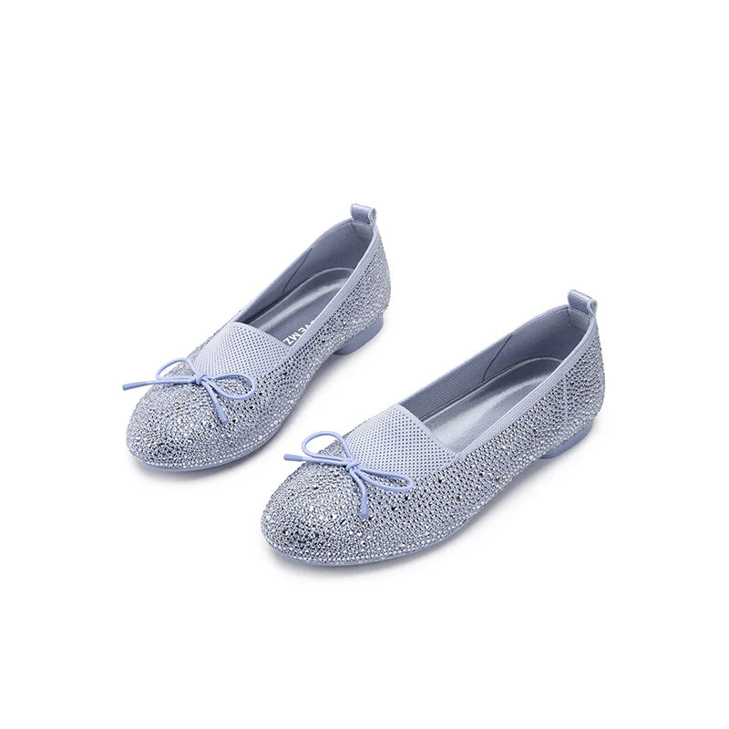 Rhinestone Bow Knit Round Toe Ballet Flats - Blue