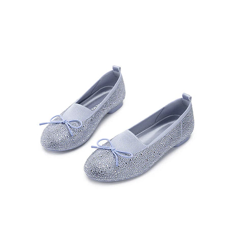 Rhinestone Bow Knit Round Toe Ballet Flats - Blue