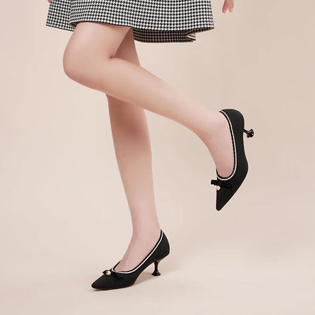 Parisian Pearl Bow Kitten Heels - Black