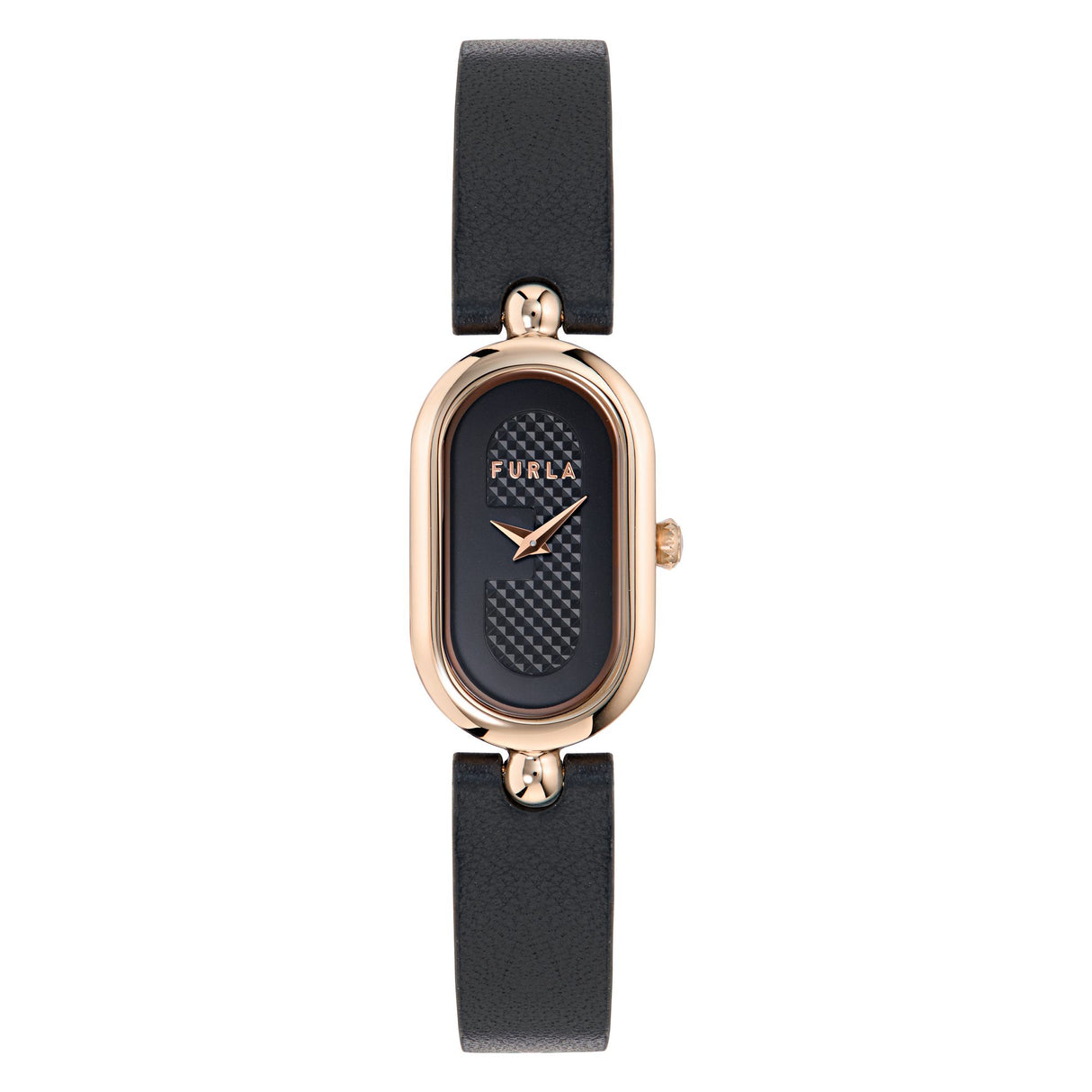 Furla Ooh Rose 32mm Oval Rose Gold-Tone Case with Black Leather Strap