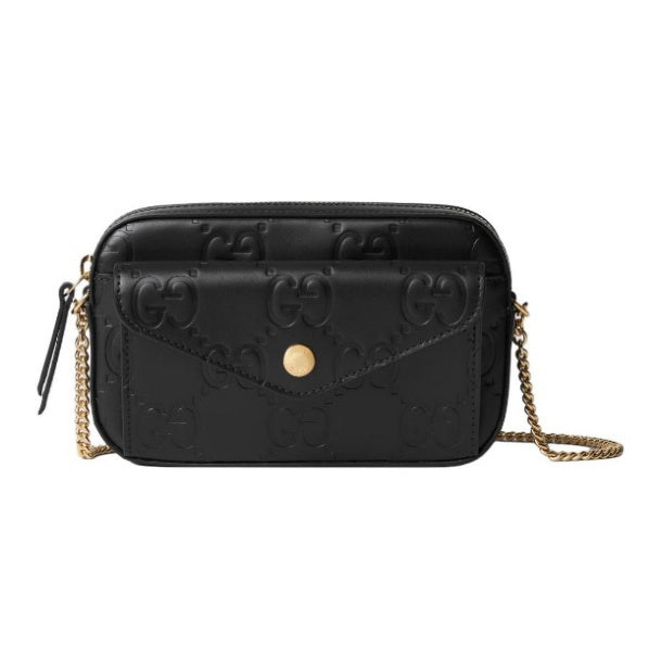 Gucci GG Leather Crossbody Shoulder Bag - Black