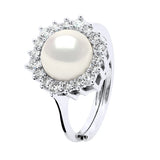 Ring Halo Button Freshwater Pearl & Cubic Zirconia Sterling Silver