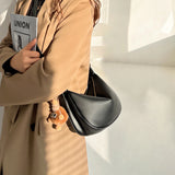 Nalandu Crescent Leather Crossbody Shoulder Bag with Bear Charm - Black
