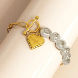 Bullion Gold Pearl Paper Clip Chain Heart Gold Layered Stainless Steel Bracelet