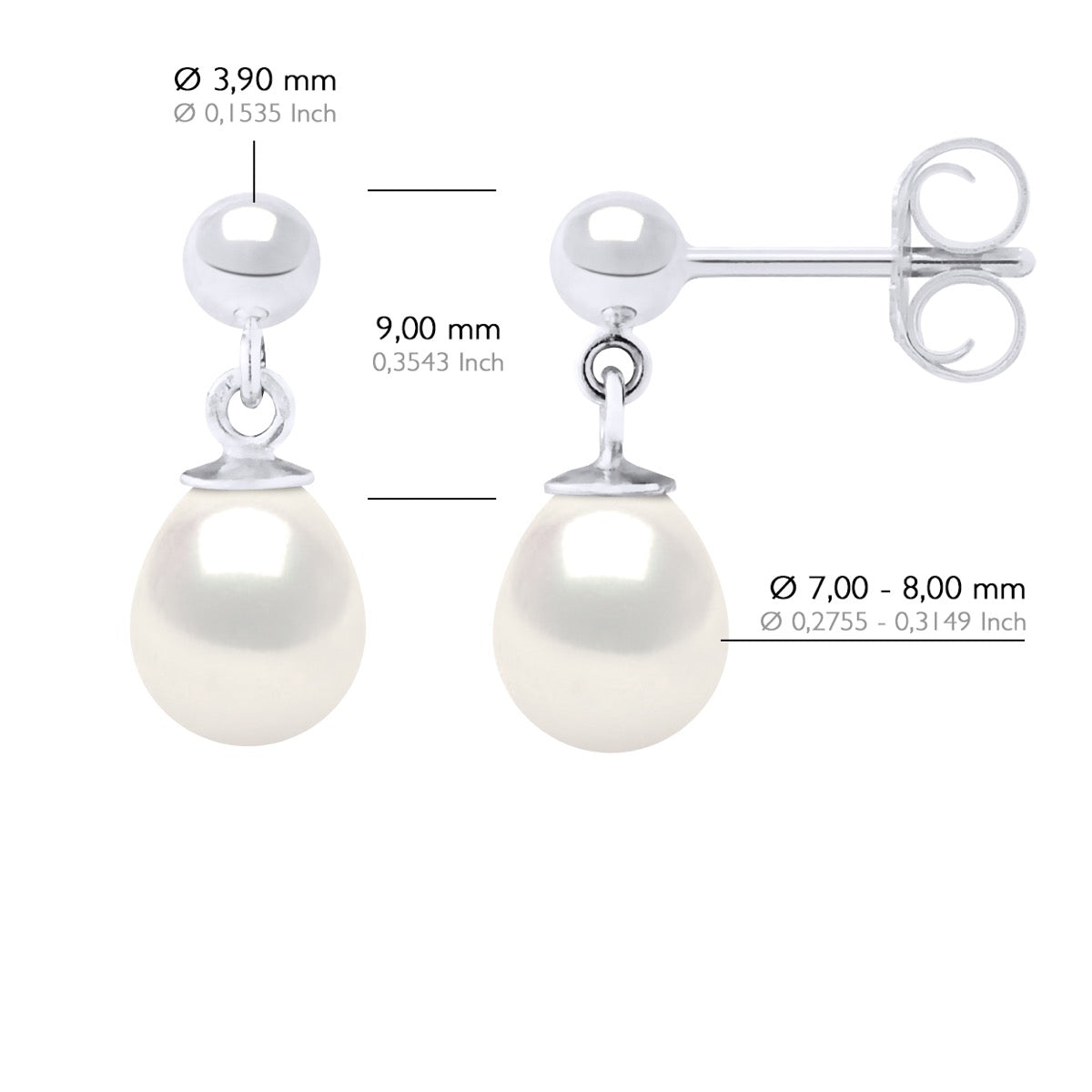 Earrings In White Gold and Real Cultured Freshwater Pearls Pear 7-8 mm - Natural Pearl White - Height Earrings 2 cm