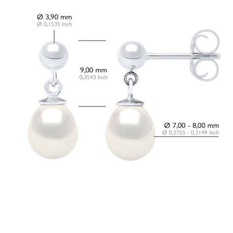 Earrings In White Gold and Real Cultured Freshwater Pearls Pear 7-8 mm - Natural Pearl White - Height Earrings 2 cm