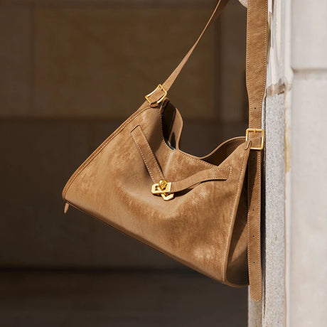 Nalandu Luxe Slouch Lock Shoulder Bag - Camel