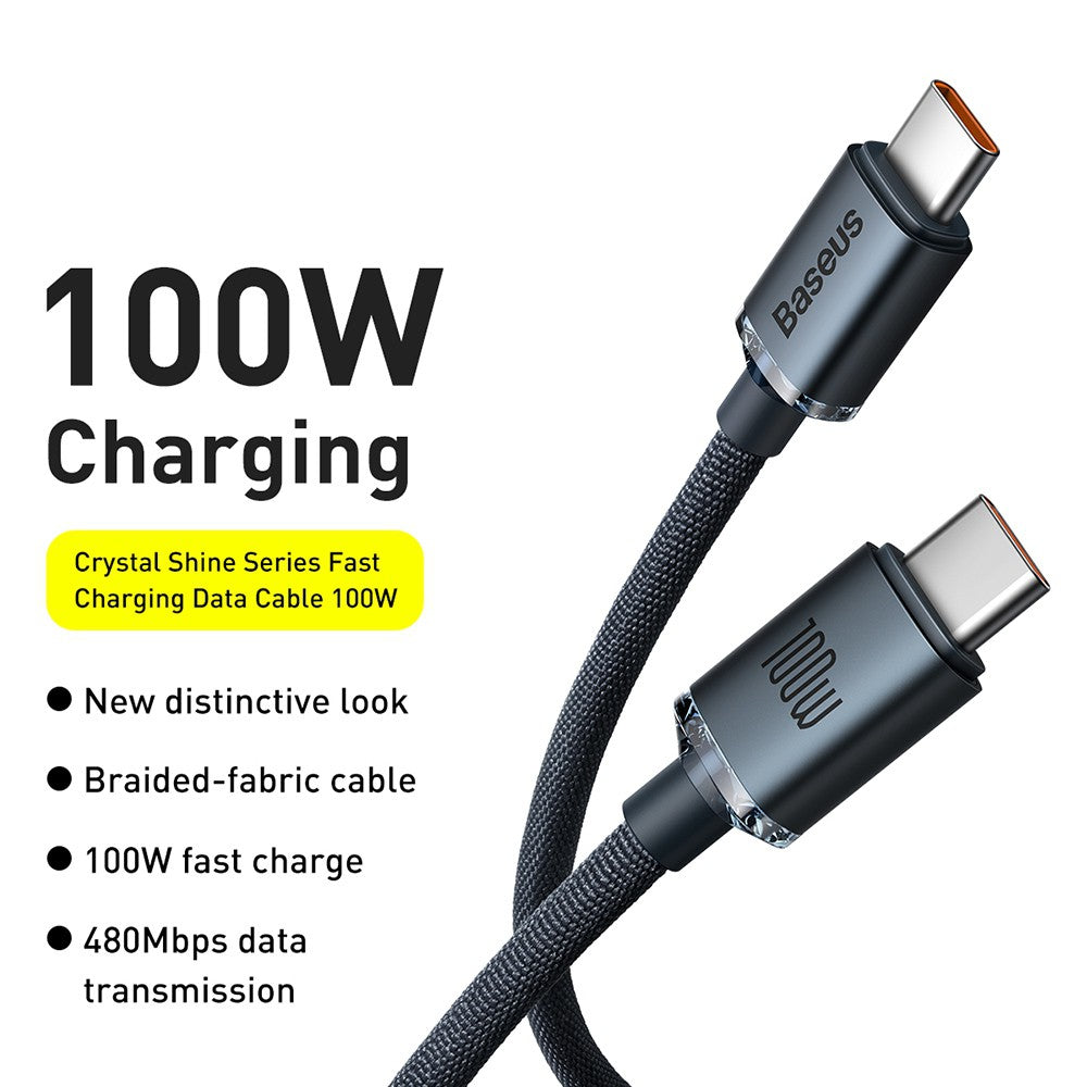 Baseus 2M USB Type-C to Type-C 100W Fast Charge Data Cable 20V 5A Crystal Shine Series