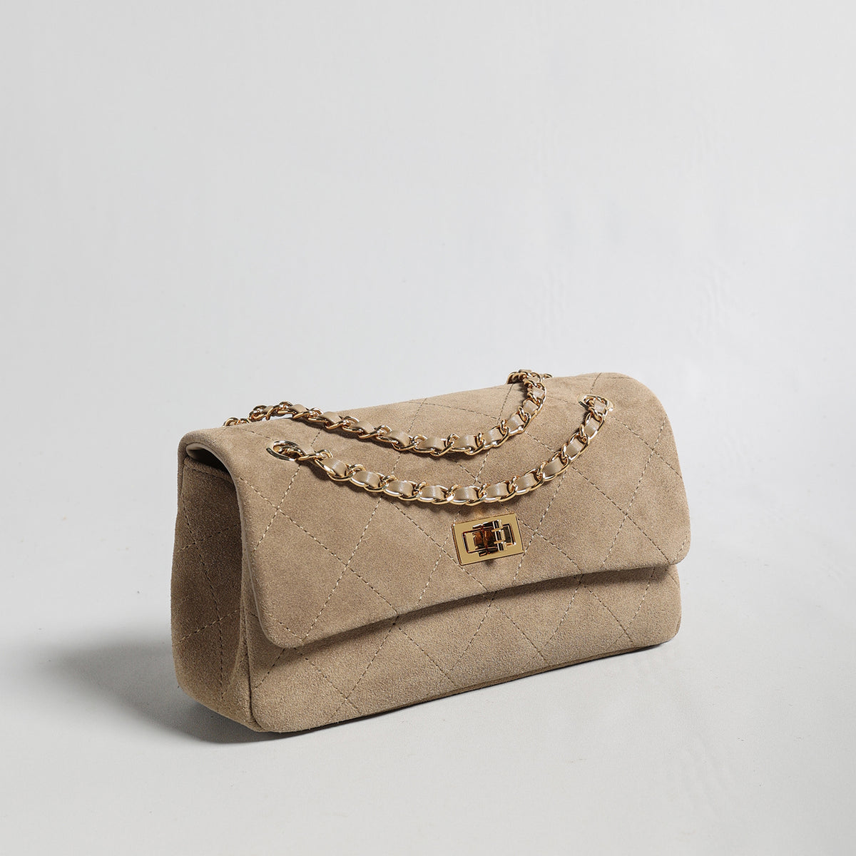 Quilted Suede Leather Shoulder Bag – Gold Chain Crossbody Bag