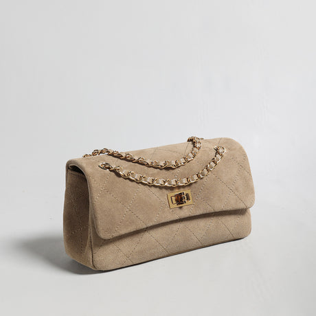 Quilted Suede Leather Shoulder Bag – Gold Chain Crossbody Bag