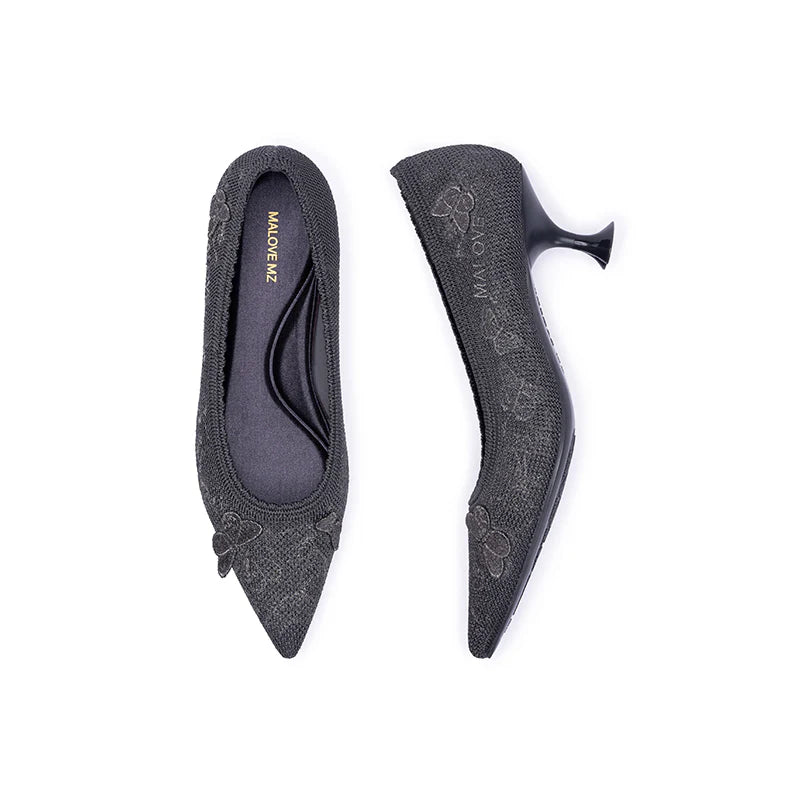 Floral Butterfly Pointed Toe Kitten Heels - Charcoal