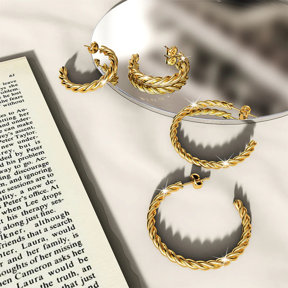 Bullion Gold Twisted Braid C-Hoop Gold Layered Earrings 30mm