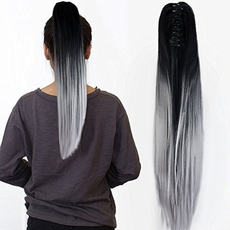 2Pcs Two Tone Ombre High Grade Silver Gray Straight Clip On Pony Tail 24" Hair Clamp11 2X
