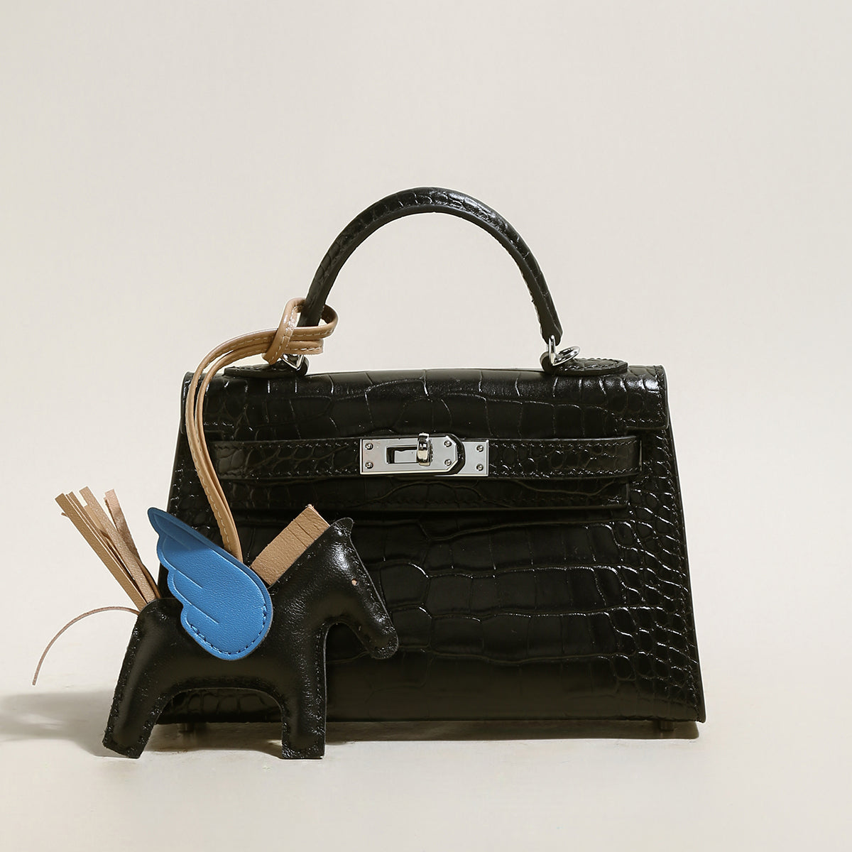 Aurelia Exotic-Embossed Leather Top Handle Bag - Black