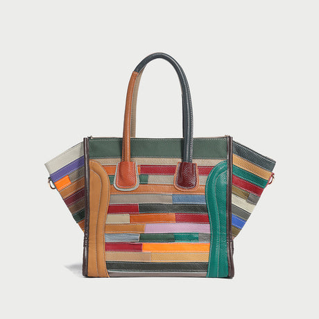 Multicolor Patchwork Leather Trapeze Tote Bag - Rainbow