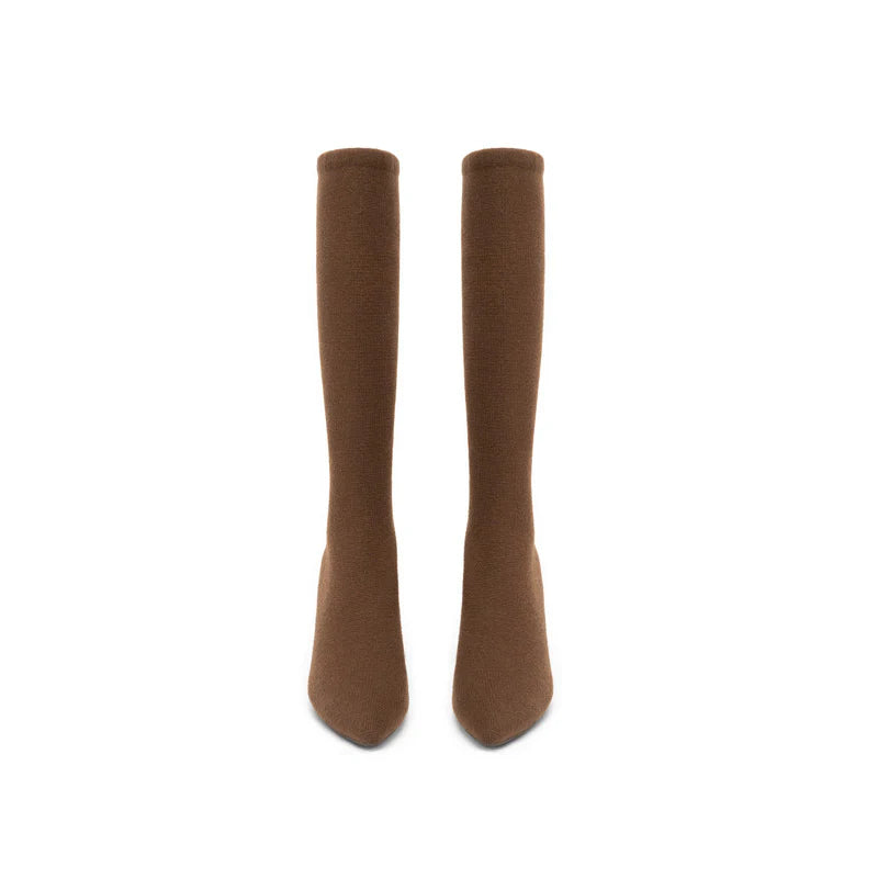 Pointed Toe Block Heel Stretch Knee High Boots - Coffee