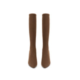 Pointed Toe Block Heel Stretch Knee High Boots - Coffee