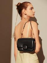 Structured Buckle Leather Shoulder Bag - Black