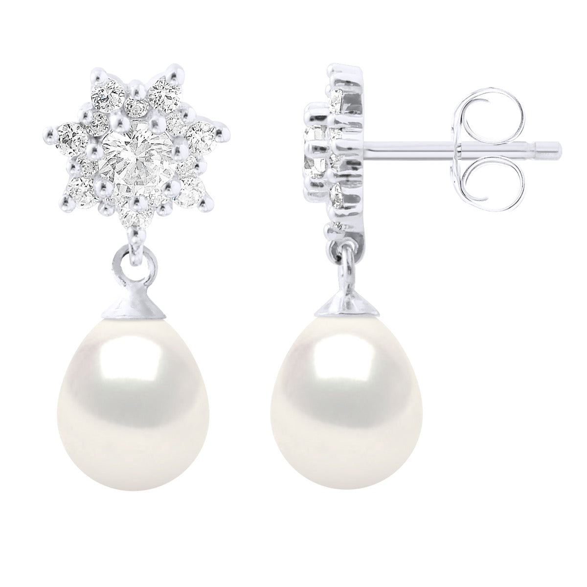 Earrings Real Cultured Freshwater Pearls Pear 7-8 mm - Natural White - Height Design Zirconia 0,60 cm