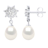 Earrings Real Cultured Freshwater Pearls Pear 7-8 mm - Natural White - Height Design Zirconia 0,60 cm
