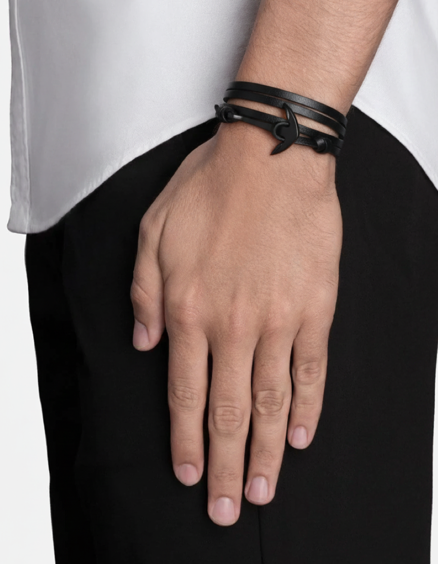 Stephen Oliver Black Plated Black Leather  Wrap Bracelet
