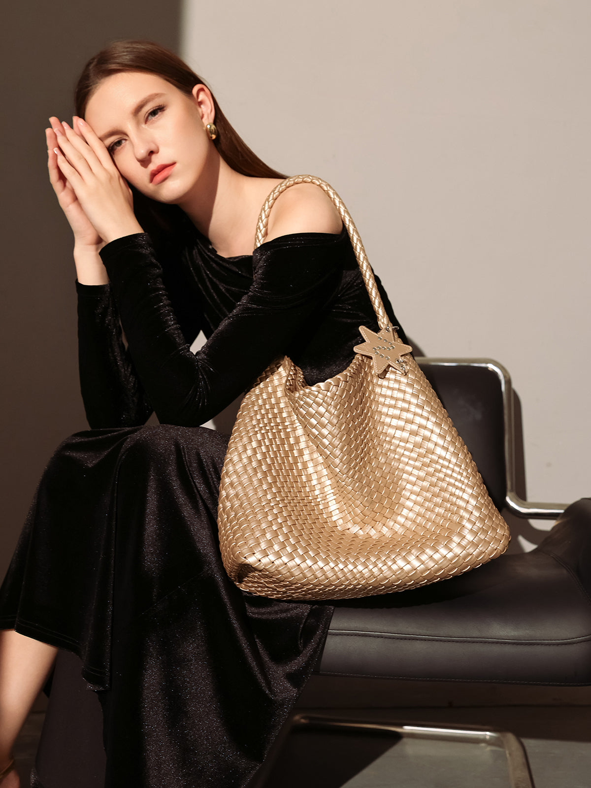 Lumi�re Woven Metallic Leather Hobo Tote - Champagne