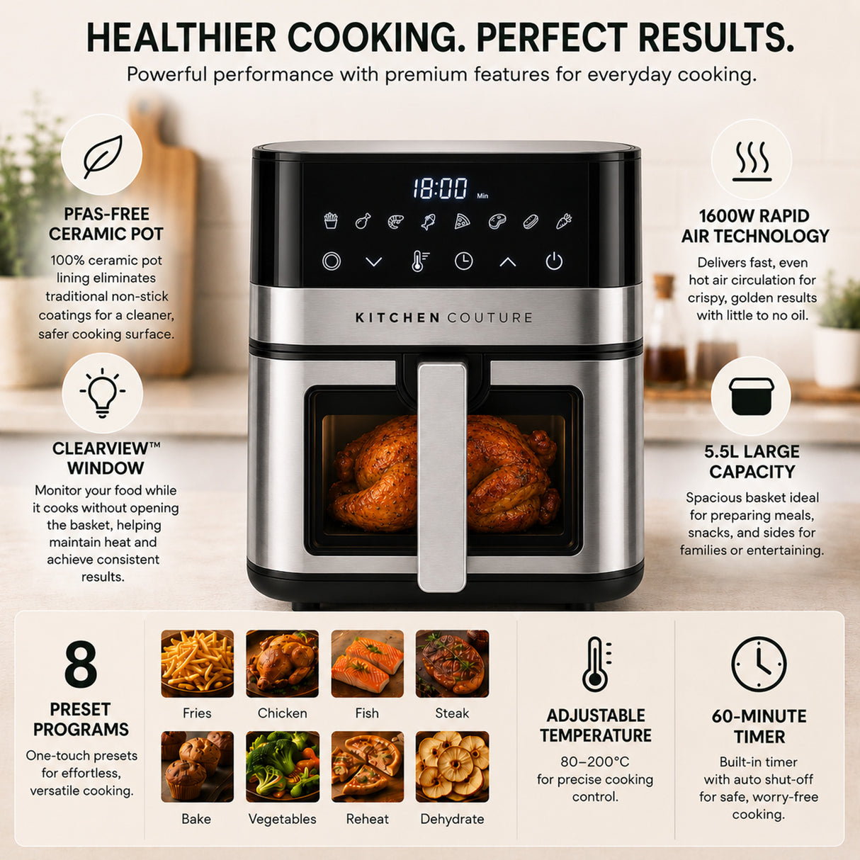 Kitchen Couture 5.5L Clear View Digital Stainless Steel Air Fryer